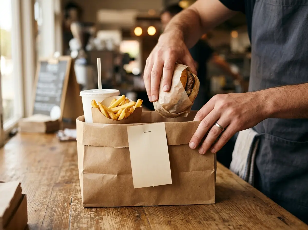 Manos empacando un pedido para llevar en el mostrador de un negocio de comida