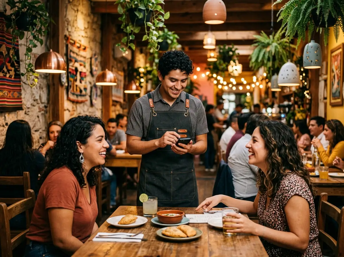 Mesero tomando el pedido de dos clientas con el celular en el salón de un restaurante